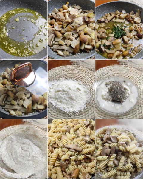 voorbereiding van de romige pasta met paddenstoelen