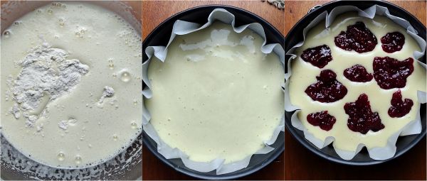 voorbereiding van de taart met jam in het deeg