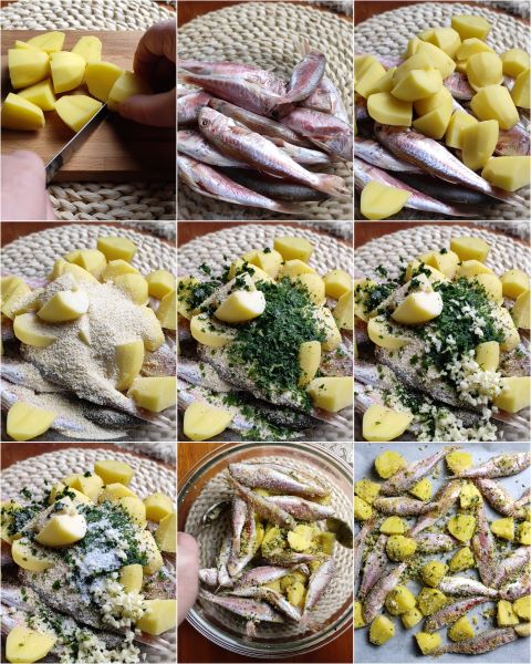 voorbereiding van rode mul voor in de oven met aardappelen