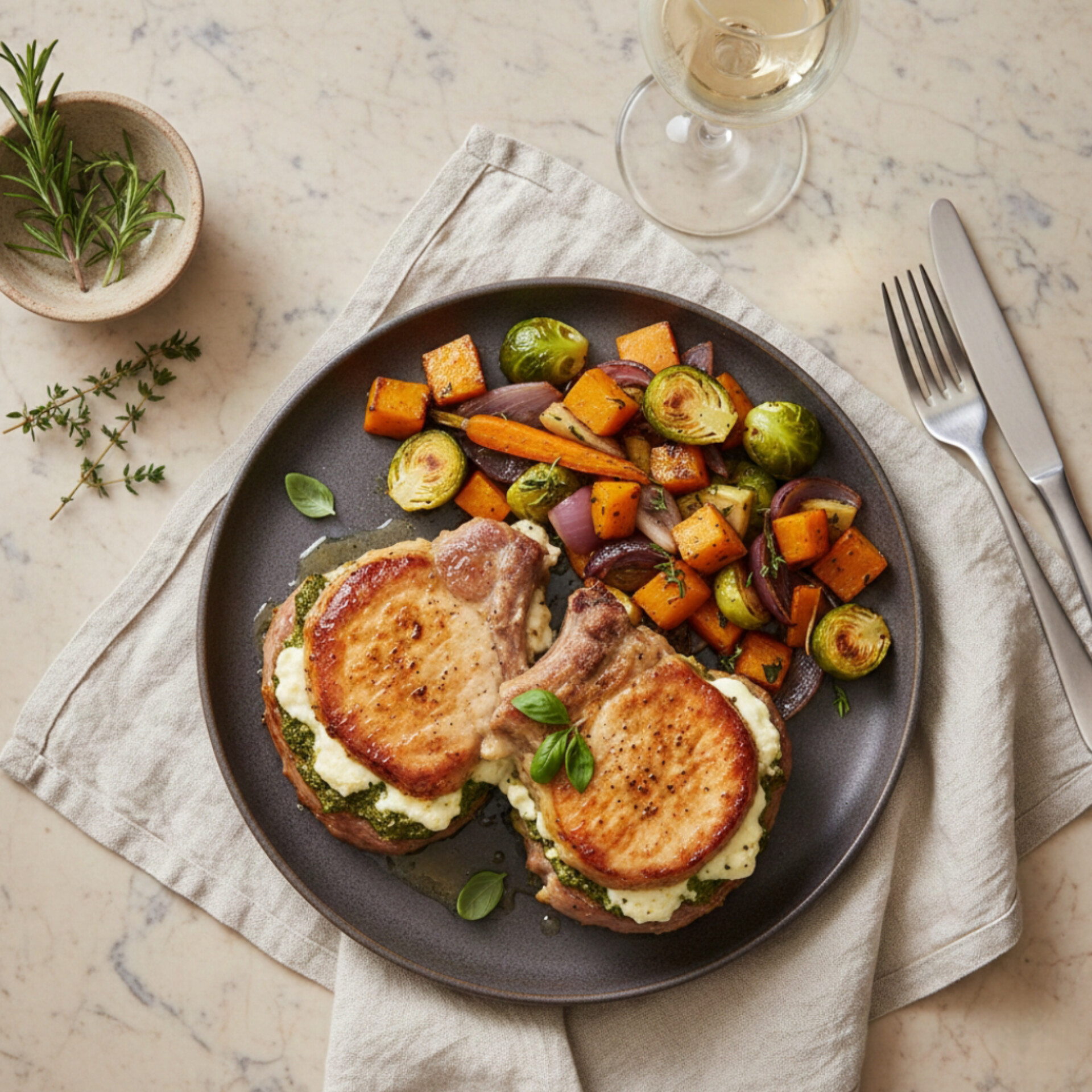 Gevulde varkenskoteletten met pesto en feta
