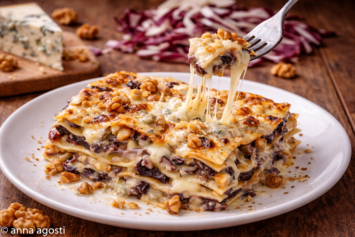 Lasagne radicchio gorgonzola en walnoten