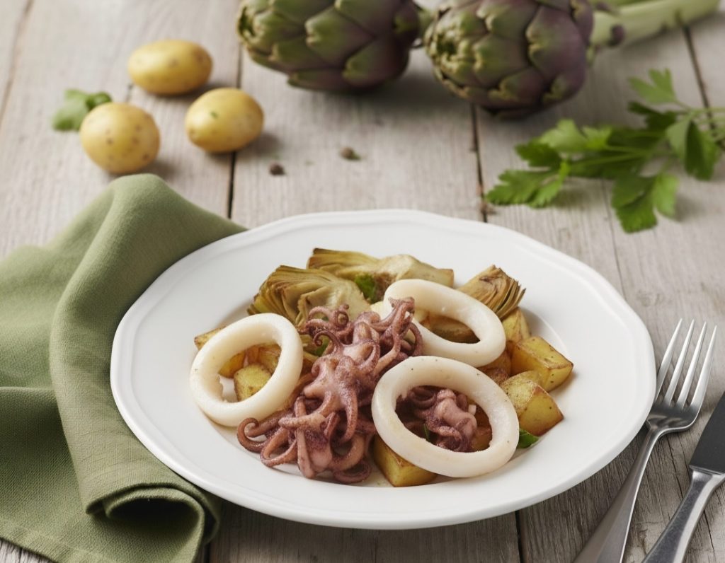 Inktvis met artisjokharten en aardappelen