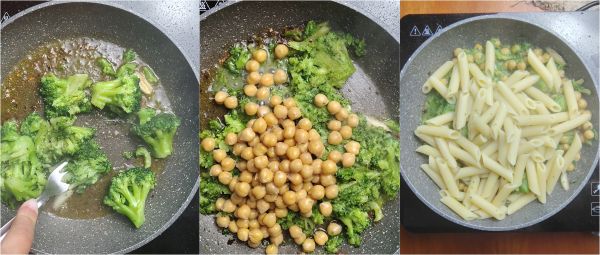 bereiding van de pasta met broccoli en kikkererwten