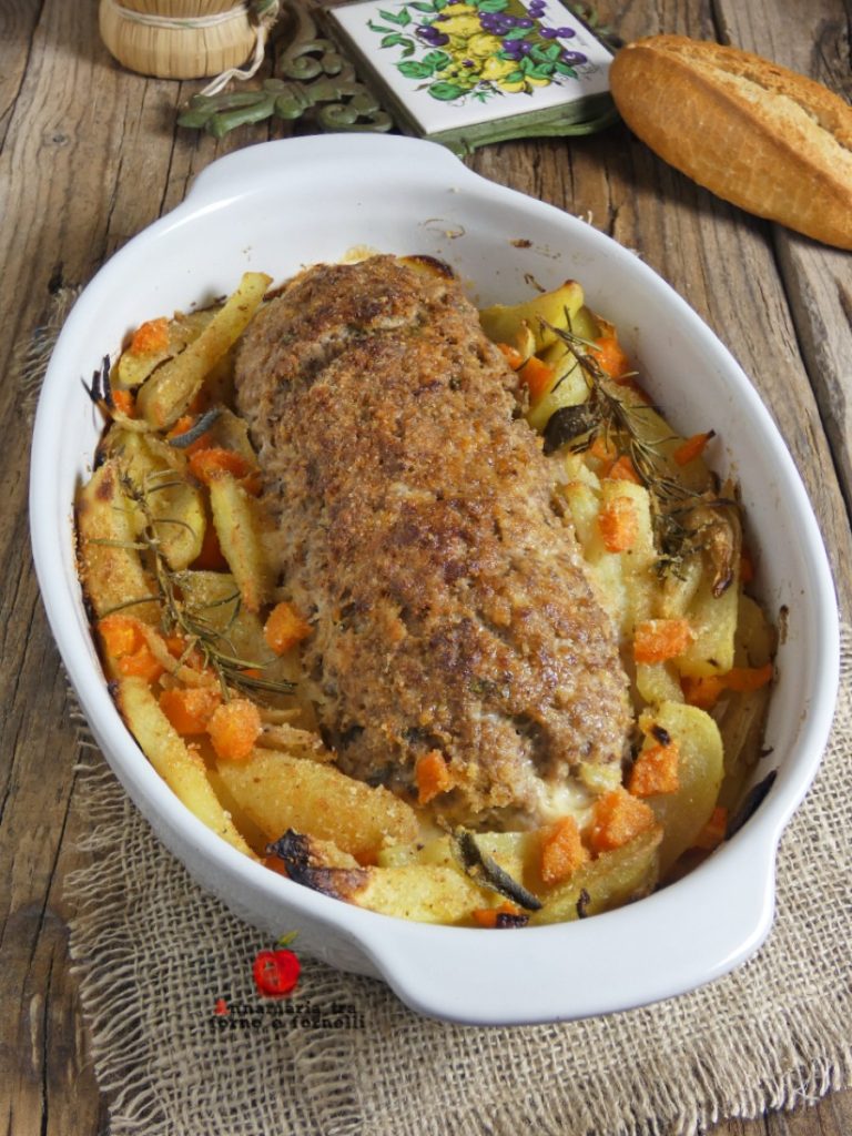 gehaktbrood uit de oven met aardappelen en wortelen