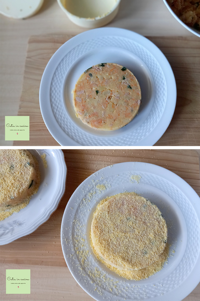 paneren van aardappel en tonijnburger