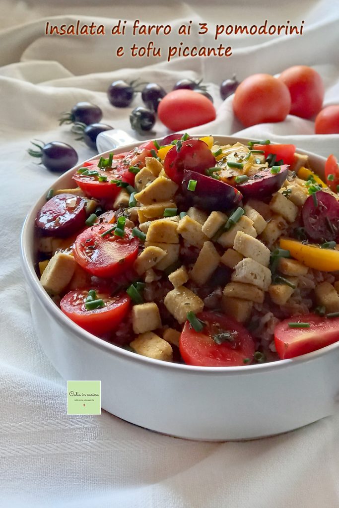 spelt salade met 3 soorten tomaatjes en pittige tofu