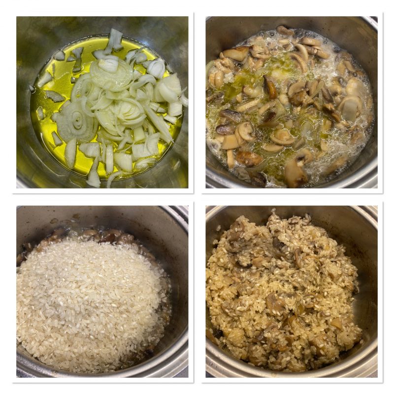 Gegratineerde risotto met paddenstoelen uit de oven, romig en smeuïg