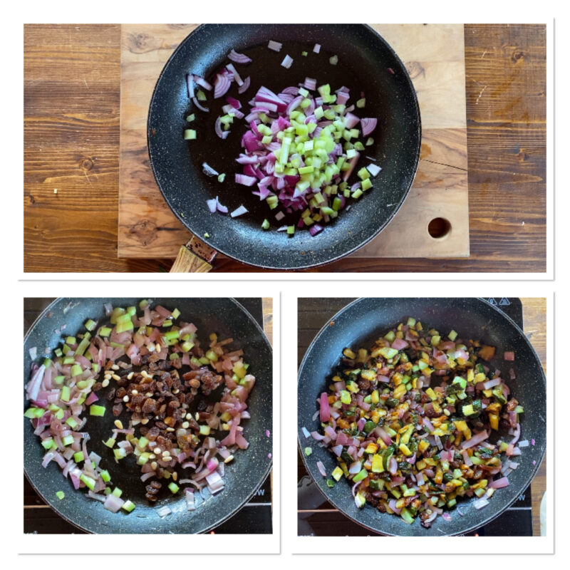 Siciliaanse zoetzure courgettes met rozijnen en pijnboompitten
