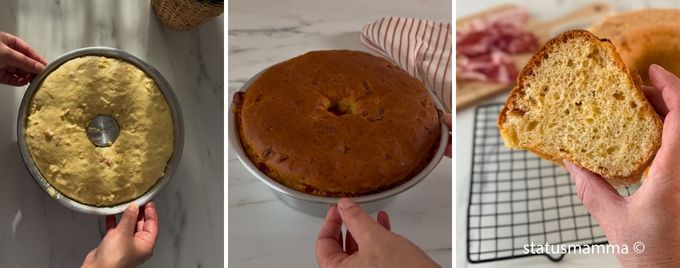 Gerezen deeg tot dubbele volume in de tulbandvorm, Gouden hartige babà net uit de oven in de vorm,