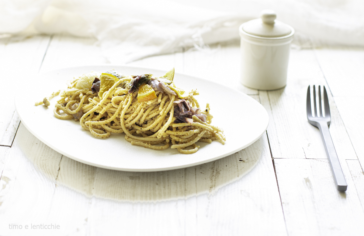Spaghetti artisjokken, radicchio en sinaasappel