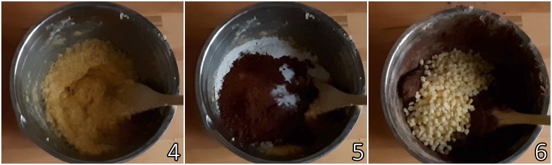 b. voeg bloem cacao en witte chocoladedruppels toe aan het deeg