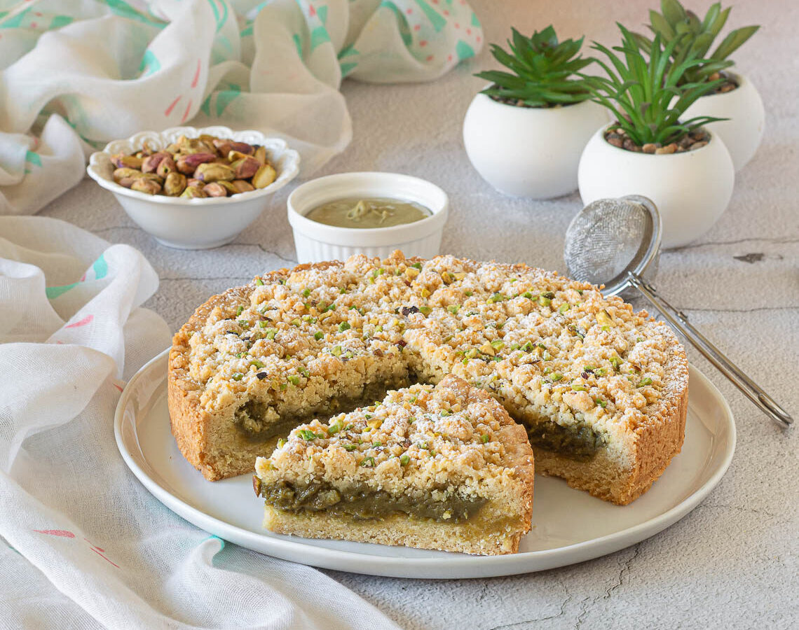 Kruimeltaart met pistache en ricotta