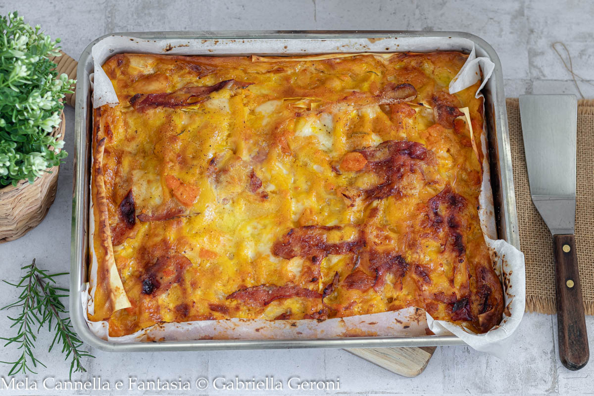 Lasagne met pompoen, spek en lactosevrije mozzarella