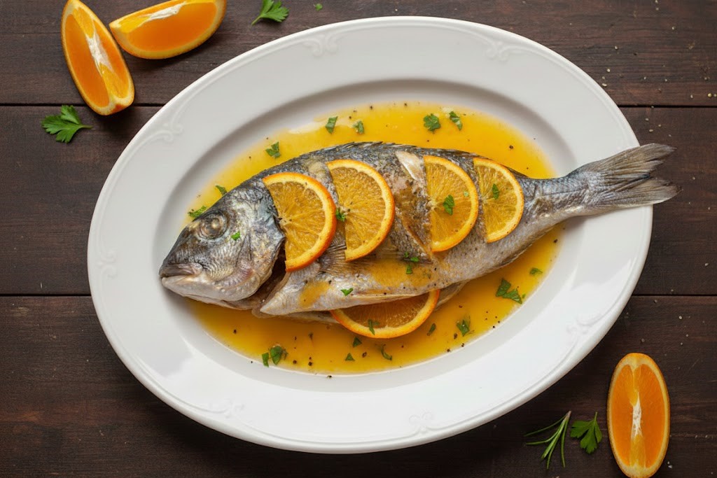 Zeebaars met sinaasappel uit de oven gegarneerd met plakjes citrusvrucht en rozemarijn