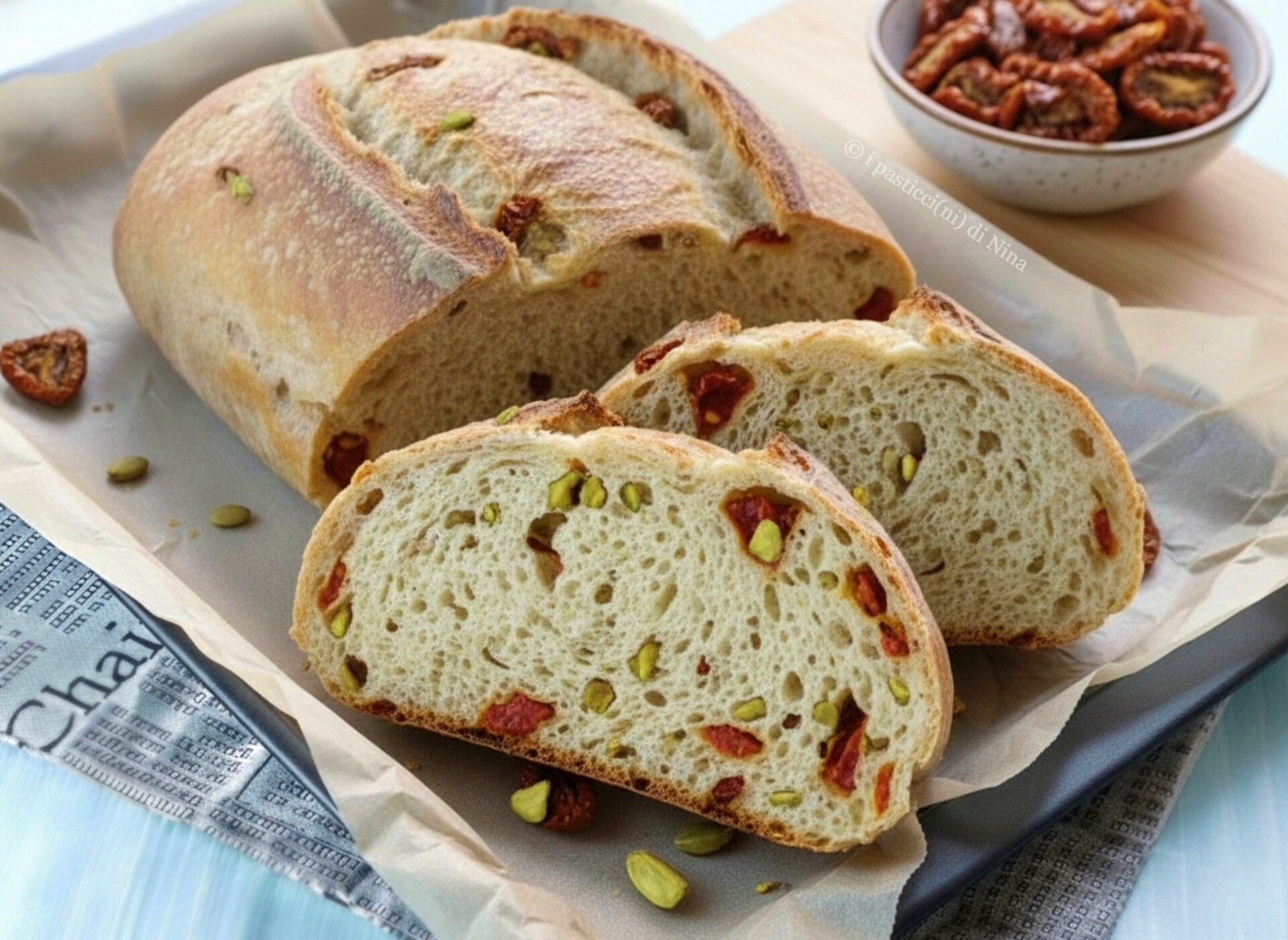 BROOD MET ZONGEDROOGDE TOMATEN EN PISTACHENOTEN