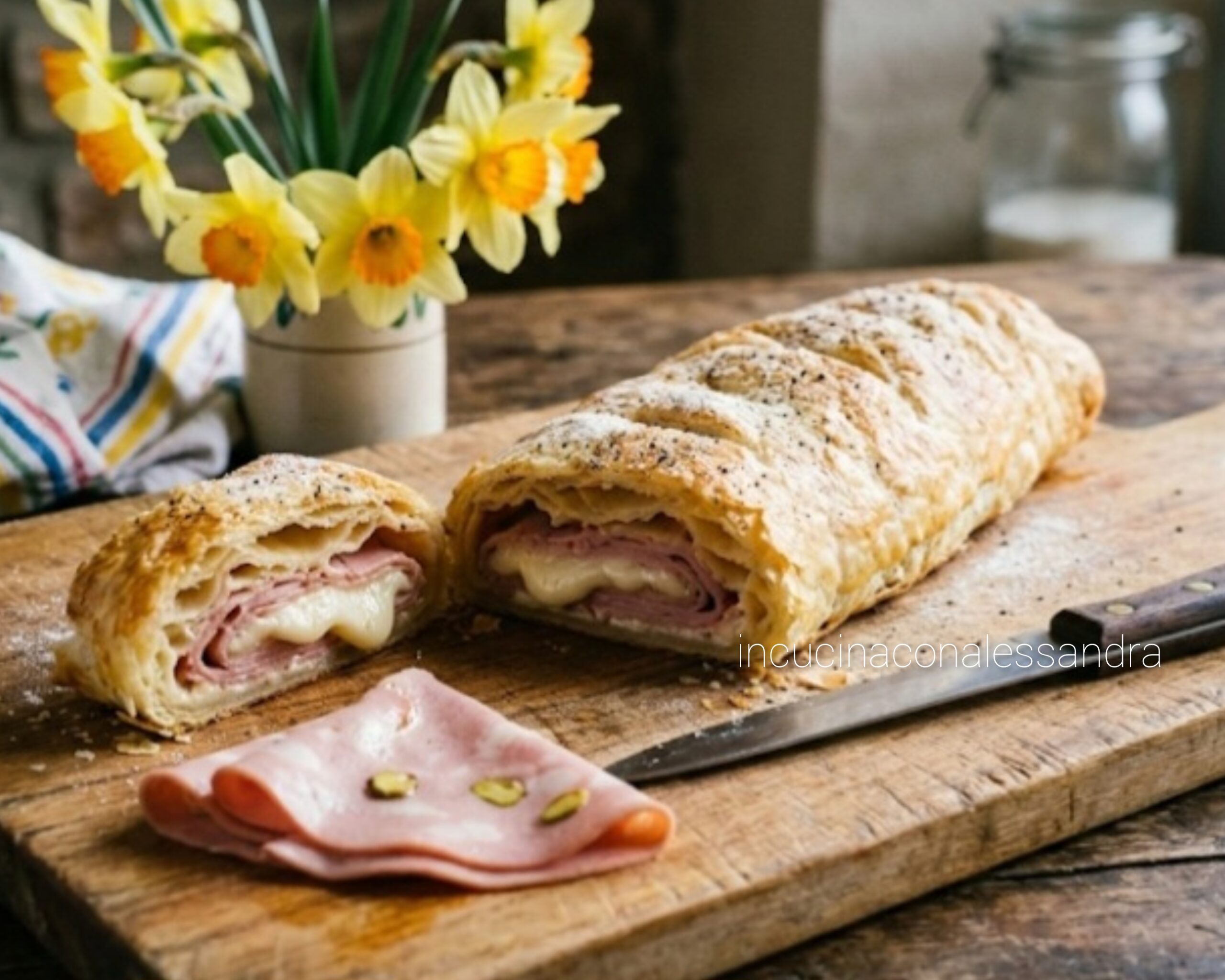 Bladerdeegrol met mortadella, mozzarella en tomaten