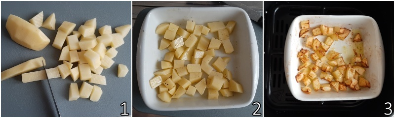 a. kook de aardappelen in blokjes in de airfryer
