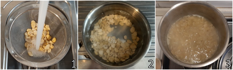 a. de geschaalde gedroogde tuinbonen in water koken