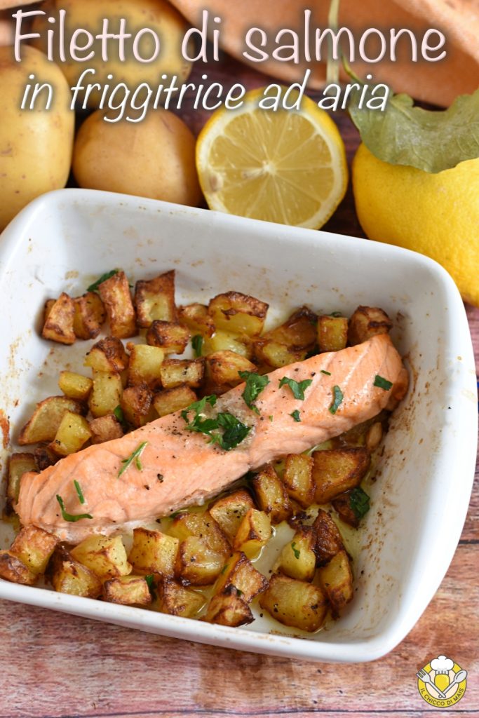 v_ zalmfilet in de airfryer met aardappelen manier en gaartijden voor zachte vis en krokante aardappelen