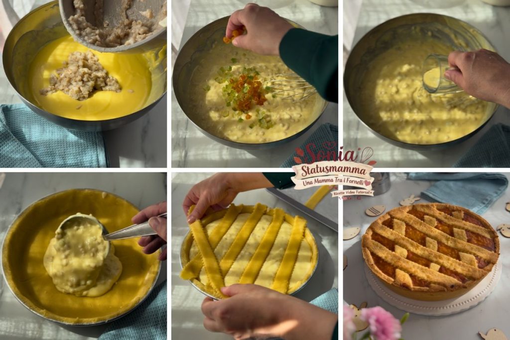 Einddecoratie van de pastiera met stroken deeg voordat hij de oven in gaat.
