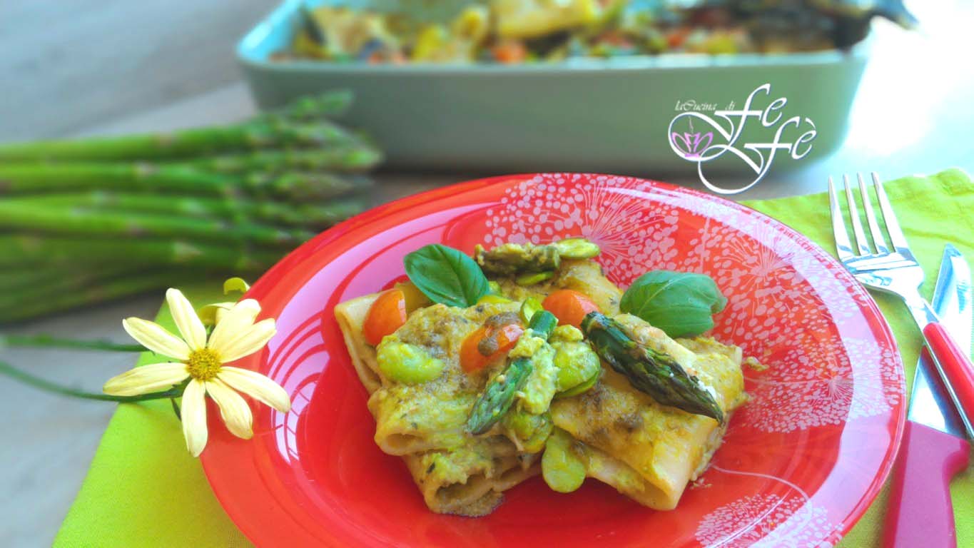 PACCHERI UIT DE OVEN MET ASPERGEPESTO, ROBIOLA EN TUINBOONTJES