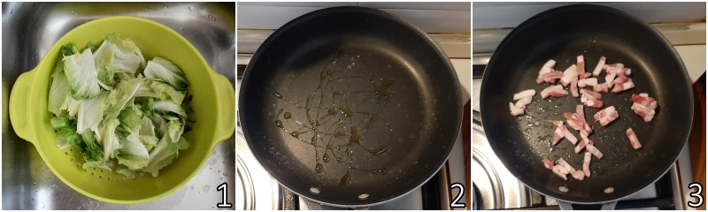 a. pancetta in reepjes aanbakken in de koekenpan