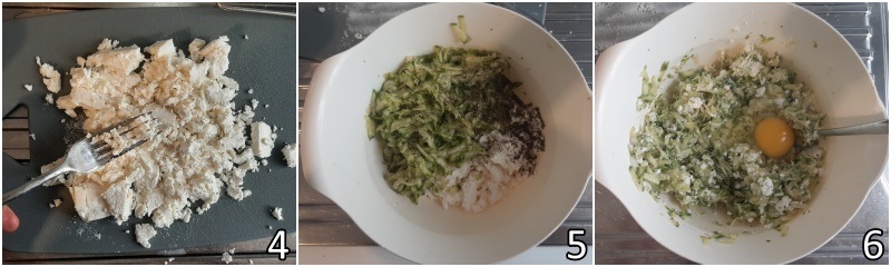 b. geraspte courgettes mengen met feta, dille, munt en eieren