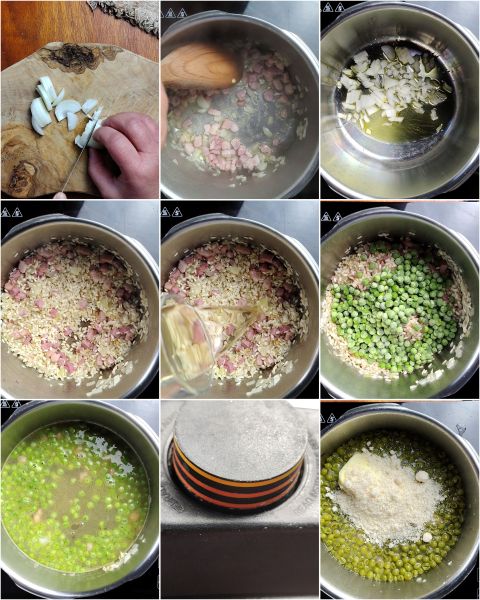 bereiding van de risotto pancetta en erwten in de snelkookpan
