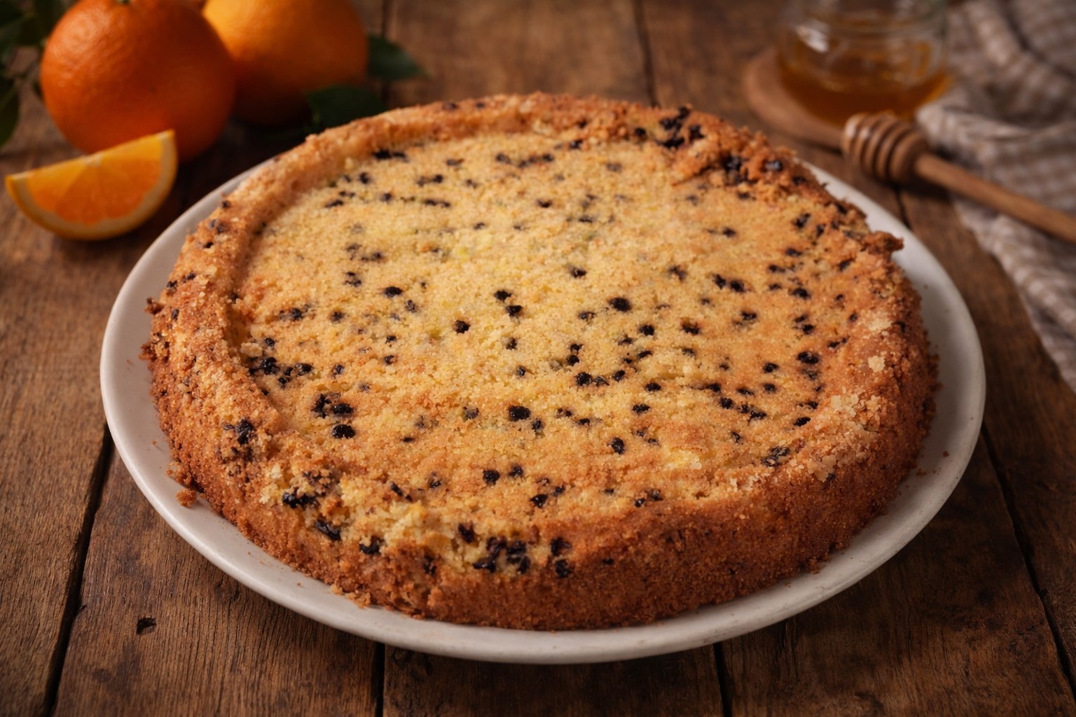 Sinaasappel-, yoghurt- en chocoladecake met havermeel