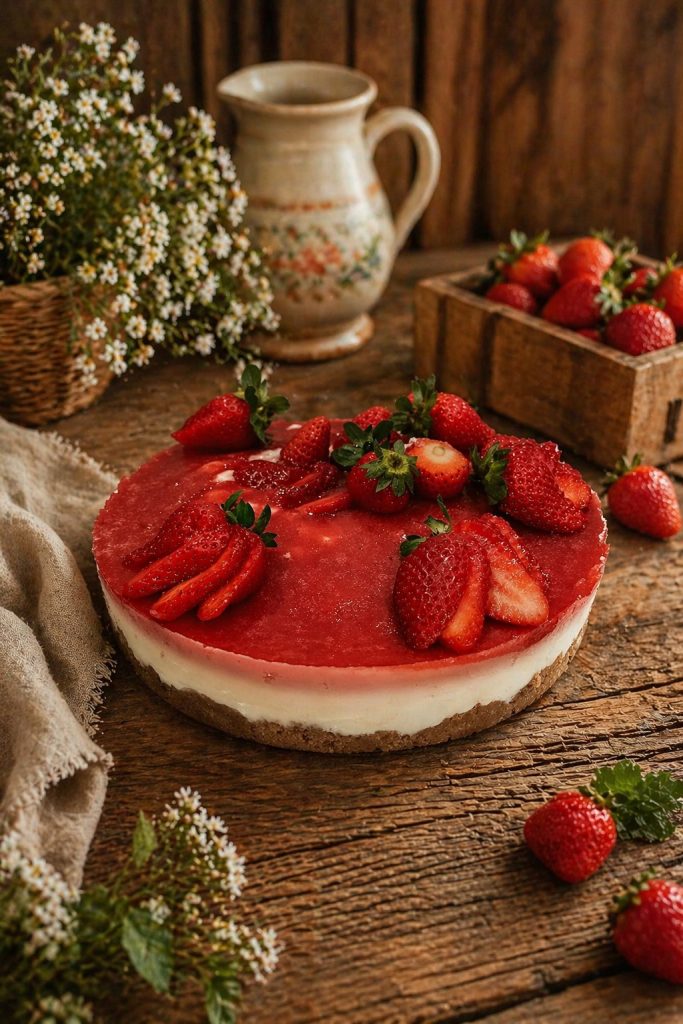 No-bake aardbeiencheesecake op rustieke tafel met verse aardbeien
