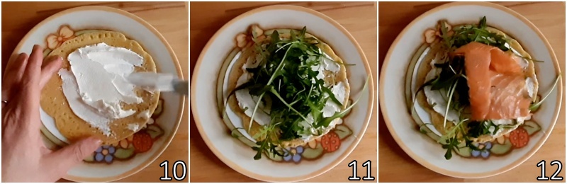 d. de crêpes van kikkererwtenmeel vullen met robiola rucola en zalm