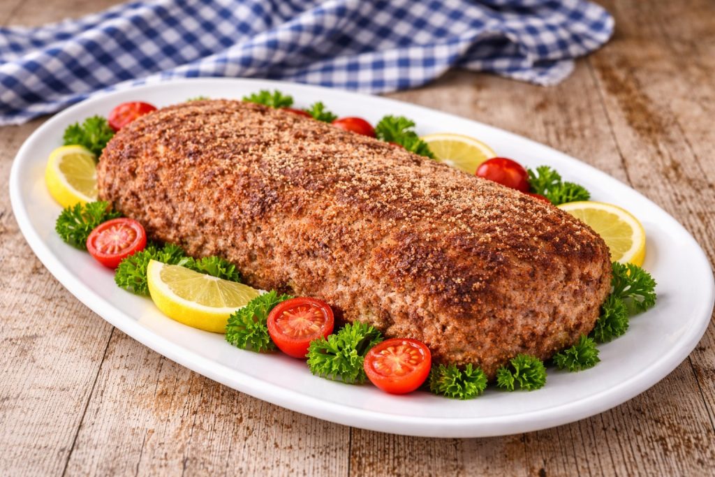 Gehaktbrood volledig gebakken met goudbruine korst op een ovale schaal