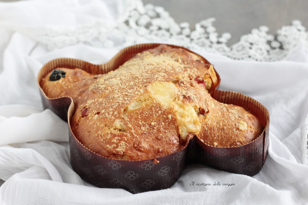 Goed gerezen hartige paascolomba met zwarte olijven en Emmentalblokjes op het oppervlak