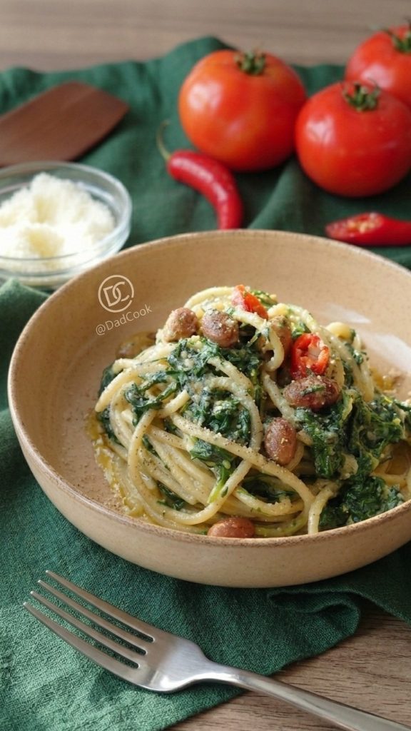 Close-up van een bord pasta met agretti, tomaten, chilipeper en een strooiing van geraspte kaas.
