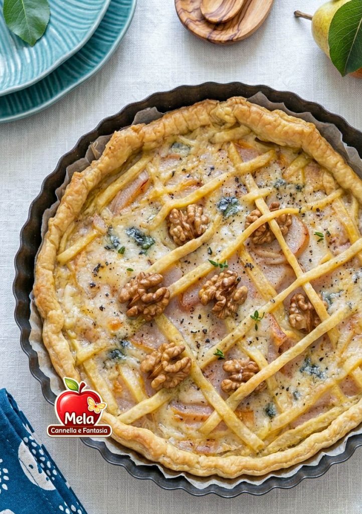 rustieke taart met gorgonzola, peer en walnoten