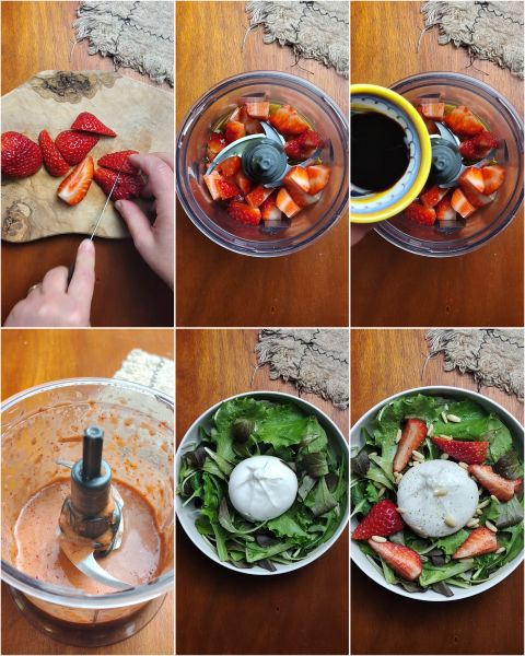 voorbereiding van de salade met burrata en aardbeiensaus